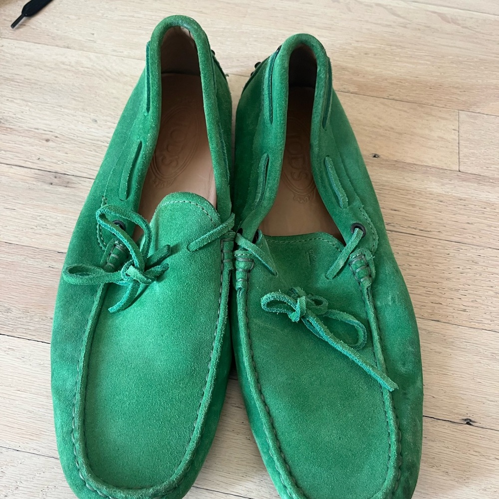 TODS green suede loafers used few times size 7.5 men’s